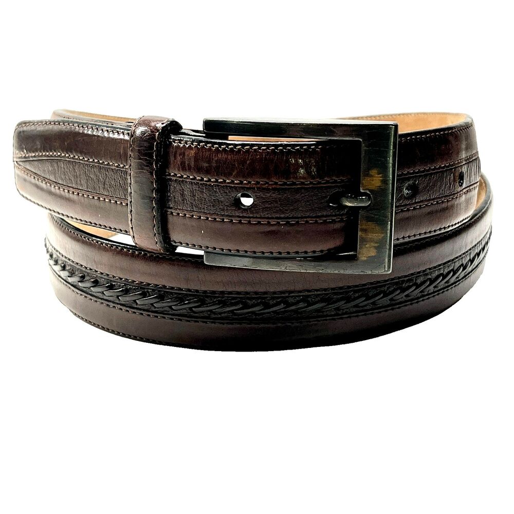 Mocha Dark Brown Spanish Leather Belt Mezlan Mens Size 38 M Herringbone Weave